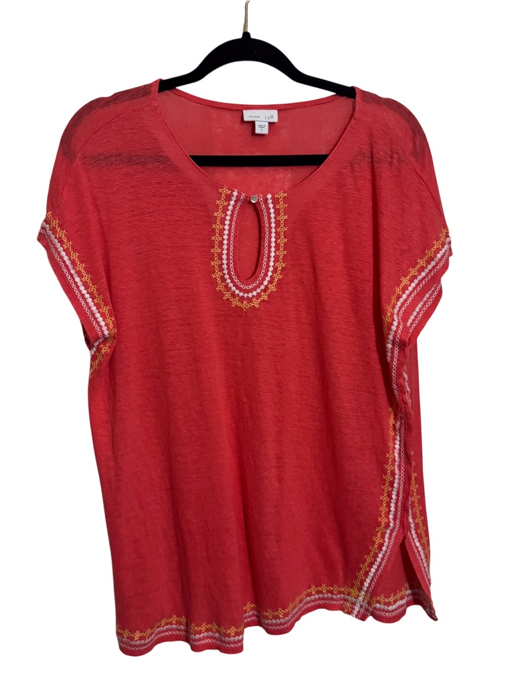 J. Jill Size Small Love Linen Orange Embroidered Blouse Top Beach Coastal Resort